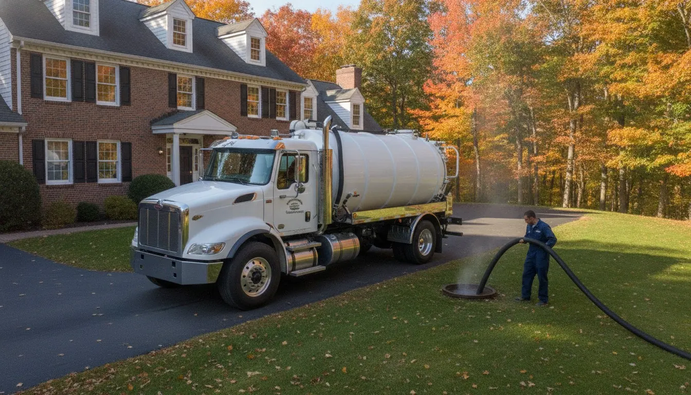Septic pump truck parked at a Capital Region home with a hose running to the tank