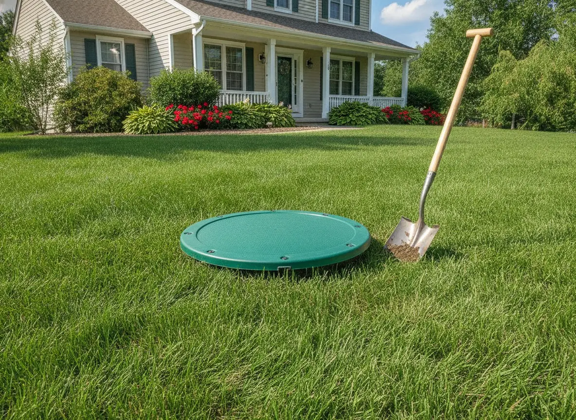 Green plastic septic riser and lid set flush with a lawn